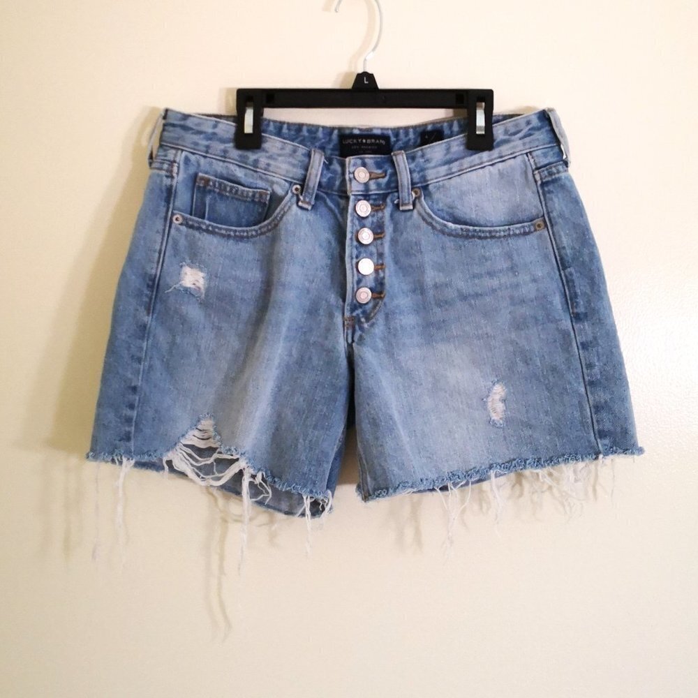 Lucky Brand Exposed Button Mid Rise Cutoff Denim Boyfriend Shorts Blue Size 4/27